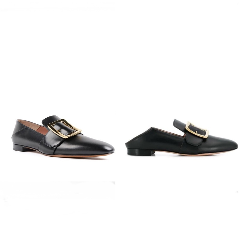BALLY Janelle Loafer Mules Convertible Leather Gold Buckle Logo Heel Flats Slide